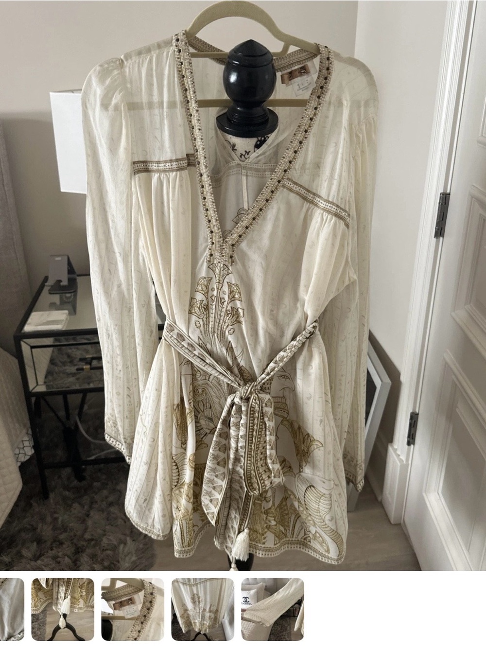 Camilla Cream Silk Tunic with Gold Embroidery and Tie Waist